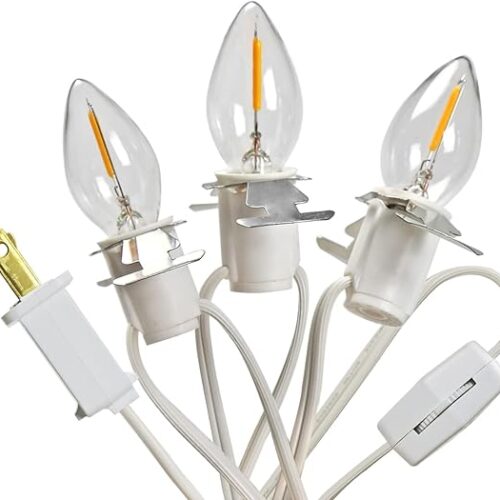 3 Base C7 String Bulbs Christmas Village Light Accessory Cord with 3 LED Light Bulb Universal Clip White Cord with On/Off Spare Fuse Switch Plugs for Decorations Christmas Village House
