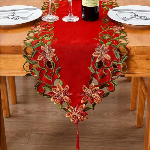 GHSp2g5SZ_1 Christmas Embroidered Table Runner Cutwork Green Leaves Holiday Table Linens for Christmas Decorations 15x69 Inch