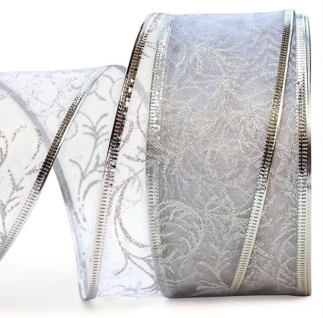 Wire Edged Ribbon Silver Sheer Organza Gift Wrap Ribbon 50 Yards x 2.5 inch Wide Clearance Metallic Wired Trim & Glitter Decorative White 1 Roll Large 1