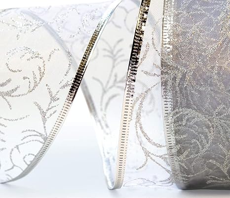 Wire Edged Ribbon Silver Sheer Organza Gift Wrap Ribbon 50 Yards x 2.5 inch Wide Clearance Metallic Wired Trim & Glitter Decorative White 1 Roll Large 2