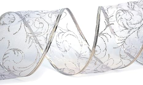 Wire Edged Ribbon Silver Sheer Organza Gift Wrap Ribbon 50 Yards x 2.5 inch Wide Clearance Metallic Wired Trim & Glitter Decorative White 1 Roll Large 3