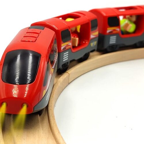 GHSxdoqSZ_1 Battery Operated Trains for Wooden Train Track Set Locomotive with Light for Toddlers 3 4 5 Year Old Boys Red High Speed Magnetic Couplings with Passengers(Without Battery)