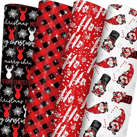 ZINTBIAL Christmas Wrapping Paper for Kids Adults - Xmas Wrapping Paper with Red/Black Plaid, Reindeer, Gnome, “Ho Ho” Words - 28 x 40 Inches, 6 Jumbo Sheets, Easy to Store