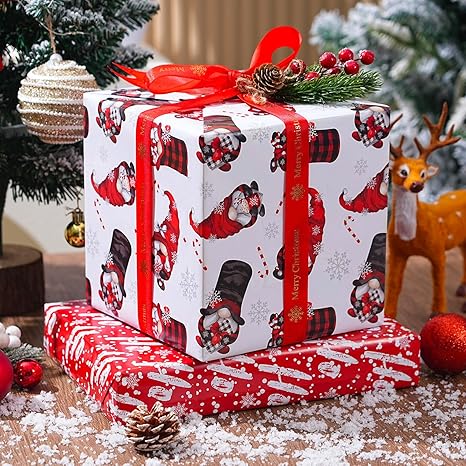ZINTBIAL Christmas Wrapping Paper for Kids Adults - Xmas Wrapping Paper with Red/Black Plaid, Reindeer, Gnome, “Ho Ho” Words - 28 x 40 Inches, 6 Jumbo Sheets, Easy to Store 4