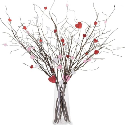 1 Artificial Curly Willow Branches with 60 Pcs Glitter Heart Stickers