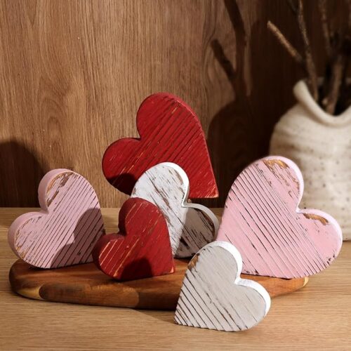 1 Red Pink & White Farmhouse Distressed Wood Heart Table Decorations Sign