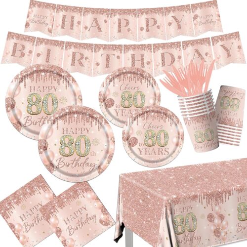 1 142pcs Rose Gold 80th Birthday Decorations Tableware Set
