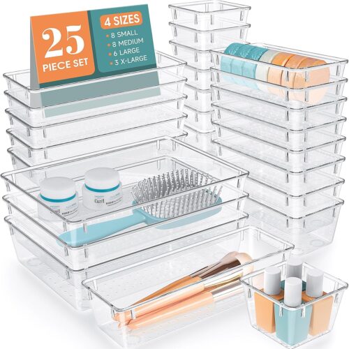 1 25 PCS Clear Plastic Drawer Organizer Set, 4 Sizes Desk Drawer Divider Organizers and Storage Bins