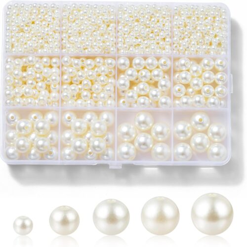 1 1200 Pcs Pearl Beads for Jewelry Making, 5 Size Round Pearls for Bracelets Making