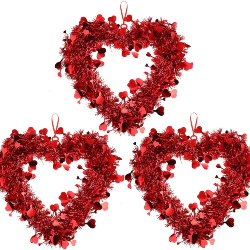 3 Pieces Valentine Heart Shaped Wreaths Red Tinsel
