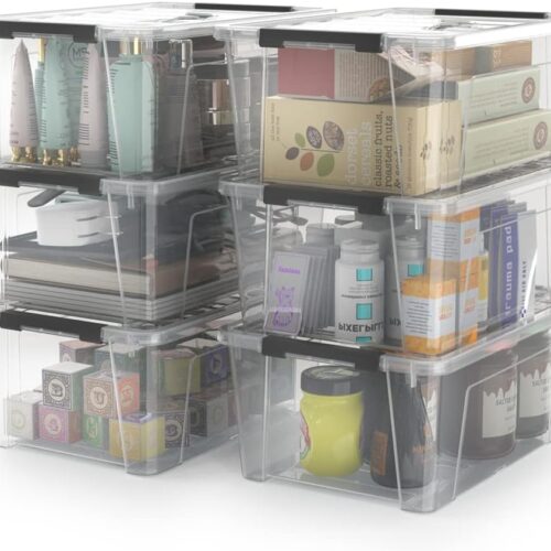 1 Clear Storage Latch Bins, 6-Pack Storage Organizer Box with Handle and Lids, 5-Litre
