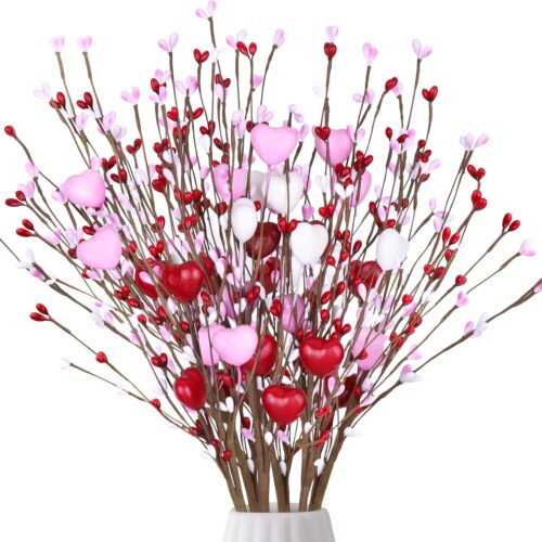 1 Artificial Hearts Flowers Berry Stems Gifts, 6 Packs Red Pink White Valentine Heart Shaped Picks