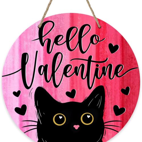 Hello Valentine's Day Black Cat Front Door Sign