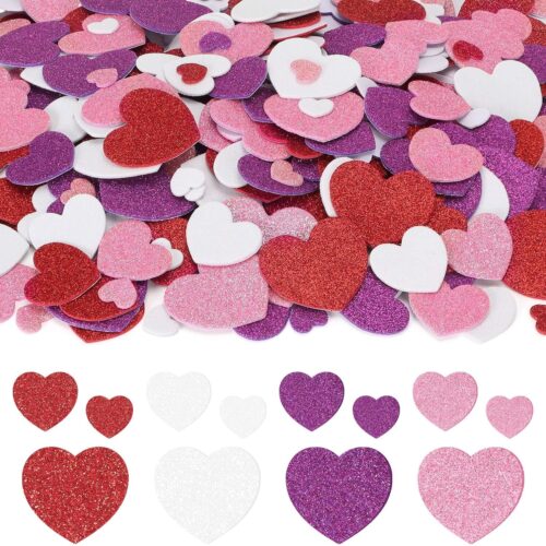 1 400 Pcs Glitter Hearts Foam Stickers (4 Colors 3 Sizes)