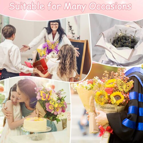 60 sheet Flower Wrapping Paper Waterproof Floral Bouquet Wrapping Paper Valentine's Day Flower Wrap With Ribbons Flower Pins 3d Butterflies Crowns（Pink+Black）