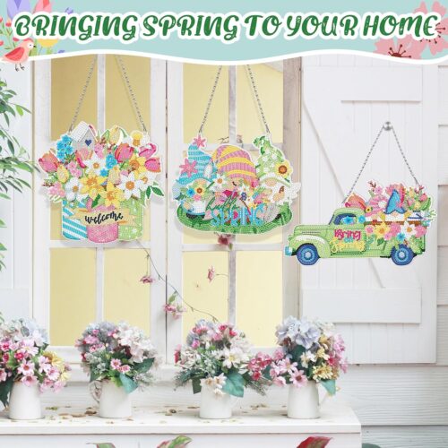 3 Pcs Spring Gnome Diamond Art Kits DIY Spring Diamond Painting Kit Gnome Diamond Hanging Sign Flowers Crystal Gnome Spring for Adults Beginners Diamond Art Craft Supplies