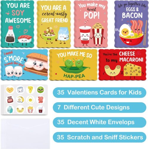 Pack of 35 Valentines Day Cards for Kids School | 7 Assorted Designs of Valentines Cards with 35 Scented Stickers & 35 Envelops | Valentines Gifts for Boys Girls Classroom Exchange