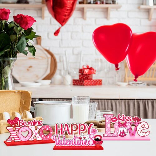 3 Pieces Valentine's Day Table Decoration Signs, Mouse Shaped Love Sign, Happy Valentines Day Be Mine Table Centerpieces, Glitter Pink and Red Love Hearts Holiday Wooden Signs for Home Party