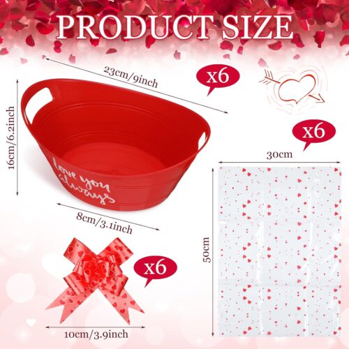 18 Pcs Valentines Day Baskets Gifts Empty Set Includes 6 Plastic Gift Basket Empty 6 Clear Heart Printed Gift Bags 6 Pull Bows for Holiday Birthday Wedding Party Bridal Showers DIY Supplies