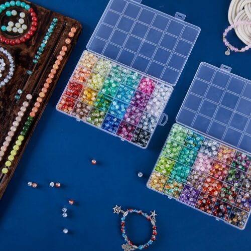 1300PCS 8mm Mixed Crackle Glass Beads for Bracelets Making with Accessories, 48 Colors Crystal Glass Beads Jewelry Making Kit, Round Beads for DIY Bracelet Crafts