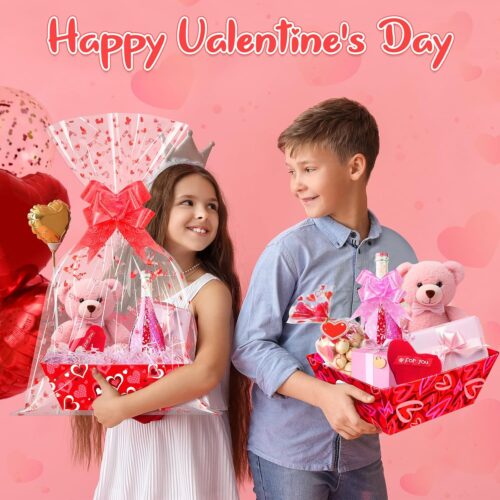 12 Set Valentines Day Empty Gifts Baskets with Cellophane Basket Bags and Bows Ribbons,Red Pink Heart Market Tray Cardboard Gift Basket Bulk Empty To Fill For Valentine's Day Birthday Wedding Decor