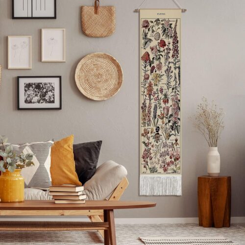 Vintage Tapestry 52 x 13 Inch, Long Tapestry Vertical Wall Hanging Reference Illustrative Botanical Tapestry Tassel Tapestry for Bedroom Living Room Home Decoration(Flower,Vintage)