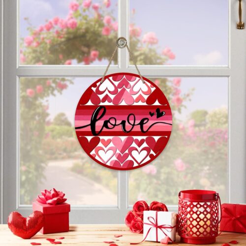 Valentine's Day Love Front Door Sign, Pink Red Hearts Wood Door Hanger Outdoor Outside Porch Decor, Anniversary Wedding Wooden Wreath Indoor Wall Hanging Decoration