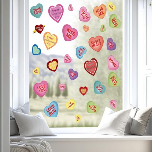 5 Valentines Day Window Clings, Colorful Heart Shaped Reusable Static Window Stickers for Valentines Day Decor, Valentines Decorations for The Home, Bathroom, Office
