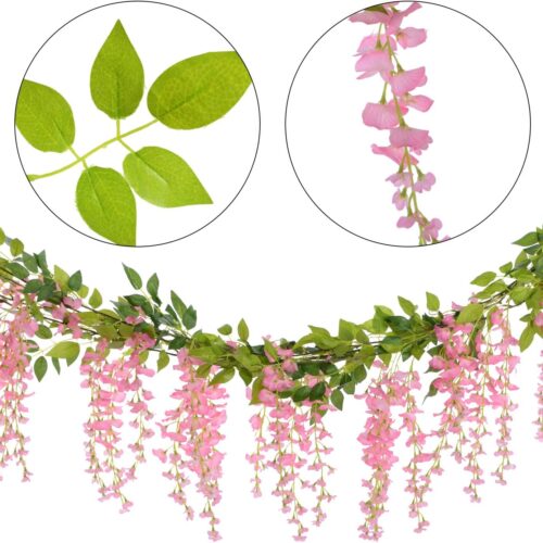 5 Wisteria Artificial Flowers Garland, 4 Pcs Total 28.8ft Artificial Wisteria Vine Silk Hanging Flower for Home Garden Outdoor Ceremony Wedding Arch Floral Decor (Pink)