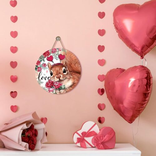 5 Valentines Day Squirrel Front Door Sign, Pink Red Rose Flower Love Heart Wood Door Hanger Outdoor Outside Porch Decor, Anniversary Wedding Wooden Wreath Indoor Wall Hanging Decoration