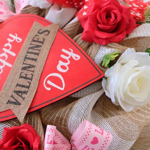 5 16 Inch Valentines Day Deco Mesh Wreath for Front Door, Red and White Roses Mesh Happy Valentines Day Signed Wreath for Home Decor, Red Heart Ribbon Burlap Mesh Wreath for Valentines
