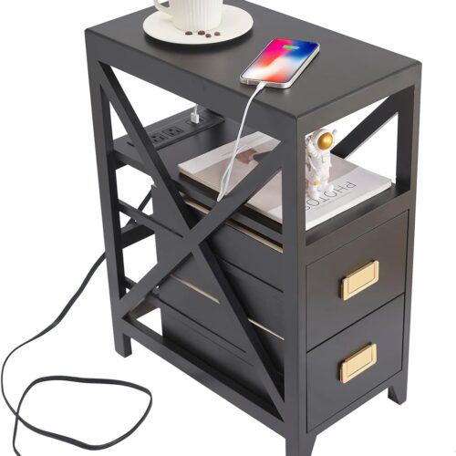 61AciA3C38L._AC_SL1500_ Fully Assembled Narrow Side Table with Charging Station, No Assembly Narrow Nightstand with USB Ports, Pre Assembled Skinny End Table with Outlets for Living Room, Bedroom-Black
