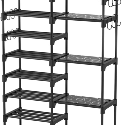 61l4OXX2S2L._AC_SL1500_ ROJASOP Shoe Rack Organizer, 8-Tier Metal Shoe Rack for Closet Entryway Garage, 26-32 Pairs Tall Shoe Boot Storage Shelf with 15 Hooks, Stackable Large Shoe Stand (Copy)