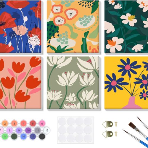 711nH56MXiL._AC_SL1500_ 6 Pack Paint by Numbers for Adults Beginners Framed, Flowers Adults' Paint-by-Number Kits, Easy Adult Paint by Number Kits on Canvas, Acrylic Number Painting for Home Decor, 8x8in