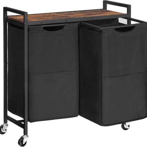 71JLLdCTBqL._AC_SL1500_ (1) Laundry Hamper, Laundry Sorter 2 Section, 2 × 13 Gal (49.5L), Laundry Basket with Wheels, Rolling Cart, Pull-Out and Removable Oxford Fabric Laundry Bags, Rustic Brown and Black