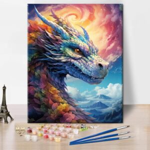 Paint by Numbers Kit for Adults Colorful Fantasy Dragon Head Adult Paint by Number with Brushes Multicolored Flowers Painting Oil Paint by Numbers DIY Painting Mountains Art Crafts for Home 16x20 in