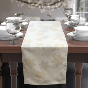 Holiday Silver Gold Snowflakes Metallic Jacquard Woven Table Runner