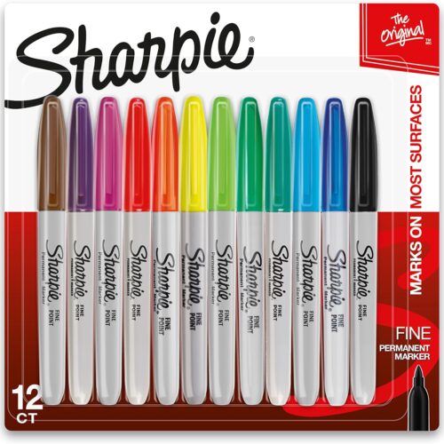 SHARPIE Permanent Markers, Quick Drying And Fade Resistant Fine Tip Marker Set For Wood, Plastic Paper, Metal, And More, Drawing, Coloring, And Poster Marker, Assorted Colors, 12 Count