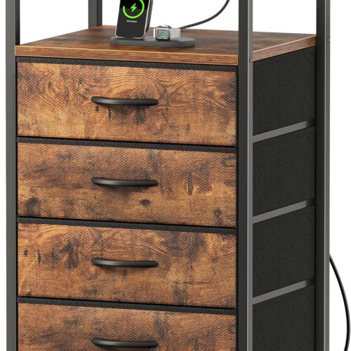 81cXrEMe14L._AC_SL1500_ Night Stand with Charging Station, 4 Drawer Dresser for Bedroom, Bedside Table, 33.9 Inch Tall Nightstand with Open Shelf, End Table, for Closet, Entryway, Bedroom, Rustic Brown