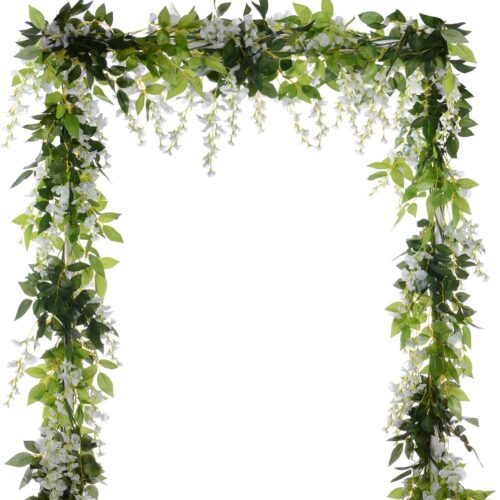 4Pcs 6.6Ft/Piece Artificial Flowers Silk Wisteria Garland Artificial Wisteria Vine Rattan Silk Hanging Flower for Home Garden Outdoor Ceremony Wedding Arch Floral Decor (White)