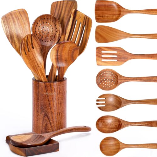 91+rTbXu9fL._AC_SL1500_ 9 Piece Natural Teak Wooden Kitchen Utensil Set with Spoon Rest - Comfort Grip Cooking Spoons and Utensils Holder