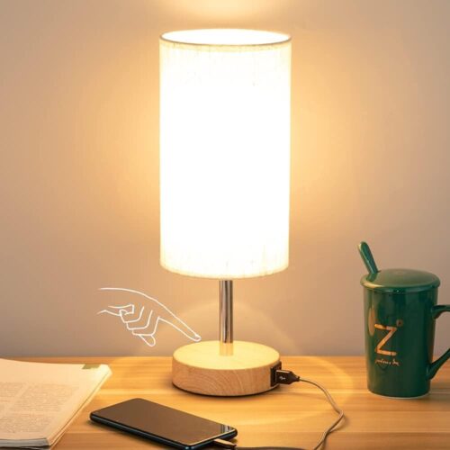 519u2nJaUAL._AC_SL1000_ Bedside Table Lamp with USB Port - Touch Control for Bedroom Wood 3 Way Dimmable Nightstand Lamp with Round Flaxen Fabric Shade for Living Room, Dorm, Home Office (LED Bulb Included)