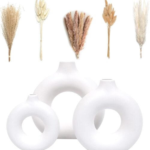 61Kuew3I5GL._AC_SL1500_ Set of 3 White Ceramic Vase with 65 PCS Dried Pampas Grass Flowers Aesthetic Boho Modern Small Round Cute Vases for Decor Living Room Coffee Table Shelf Bedroom Office Desk Home Gifts Women Mom