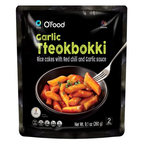 Garlic Tteokbokki, Gluten-Free Korean Rice Cakes, Authentic Spicy Korean Street Food Snack, Perfect with Cheese and Ramen Noodles, Ready to Eat, No MSG, No Corn Syrup, Pack of 1