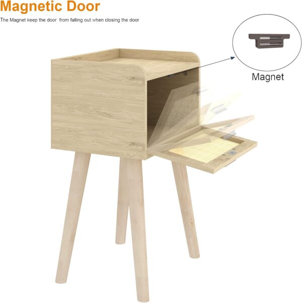 Nightstand Set of 2, Small Bedside Table, End Table with Rattan Door, Boho Side Table with Solid Wood Legs for Bedroom Living Room Small Space 5