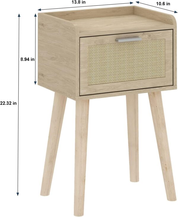Nightstand Set of 2, Small Bedside Table, End Table with Rattan Door, Boho Side Table with Solid Wood Legs for Bedroom Living Room Small Space 3