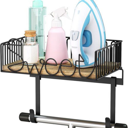 71NLZ5aoHEL._AC_SL1500_ Ironing Board Hanger Wall Mount, Laundry Room Iron and Ironing Board Holder, Laundry Room Organization and Storage with Large Storage Wood Base Basket (Carbonized Black)