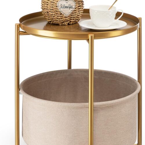 71O05s7xXlL._AC_SL1500_ Round Side Table with Fabric Storage Basket, Metal Small Bedside Nightstand with Removable Tray Top for Living Room, Bedroom, Nursery, Laundry, Gold