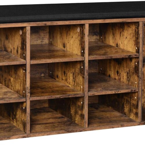 71dGWOs+y4L._AC_SL1500_ Shoe Bench, Storage Bench with Cupboard and 9 Open Compartments, Shoe Shelf, Padded Seat, Barn Door, 11.8 x 43.3 x 18.9 Inches, Rustic Brown
