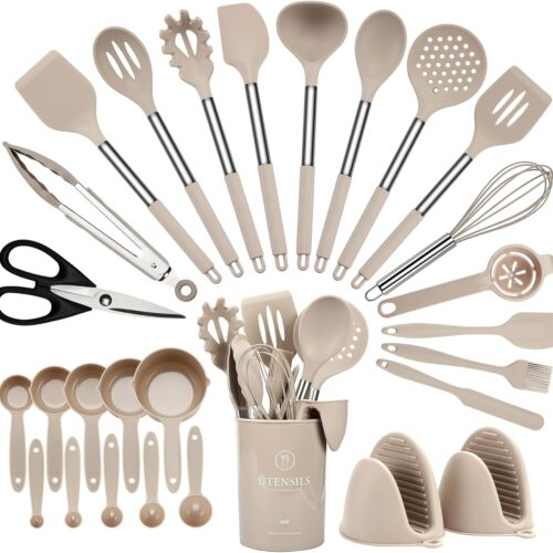 71hAzauFngL._AC_SL1500_ Kitchen Utensils Set, Silicone Cooking Utensils Set with Stainless Steel Handle, Kitchen Essentials with Silicone Whisk, Tongs, Ladle, Scissors, Measuring Cups and Spatulas, 28 Pcs (Khaki)
